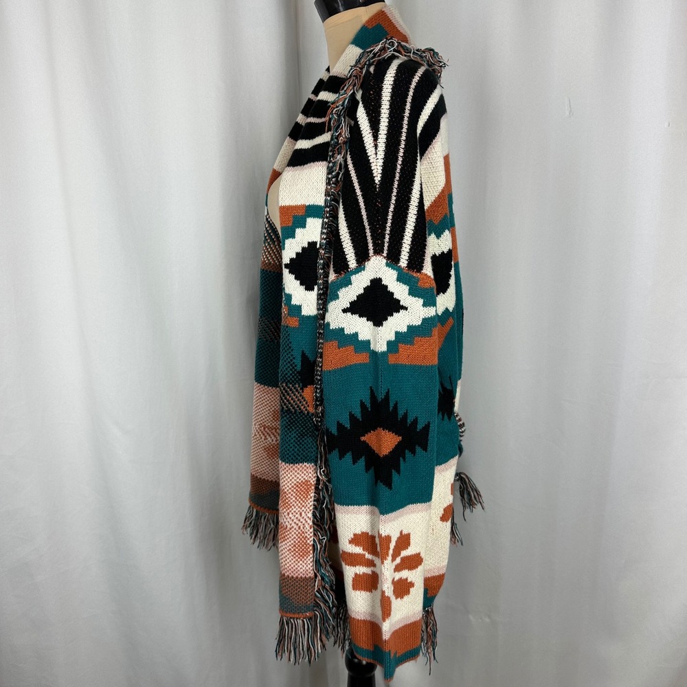 Wonderly Southwestern Aztec Fringe Belted Cardigan Sweater Teal Rust 1X - Picture 5 of 9